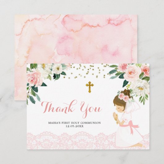 Roze Goud Bloemen Eerste Communie Dank u kaart (Voorkant / Achterkant)