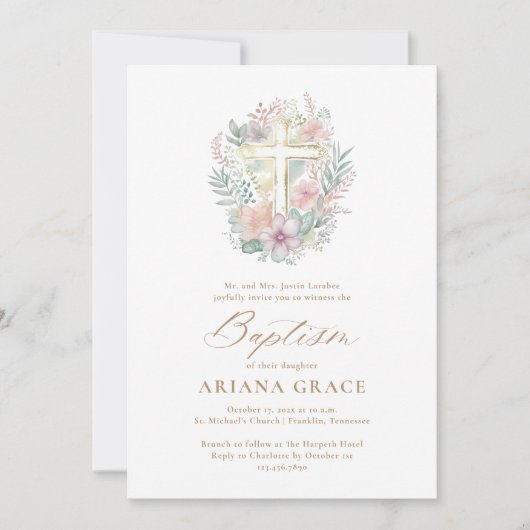 Roze Goud Bloemen Elegante Waterverf Kruisdoop Kaart (Voorkant)