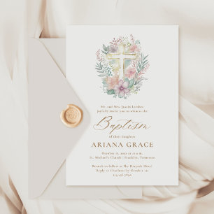 Roze Goud Bloemen Elegante Waterverf Kruisdoop Kaart