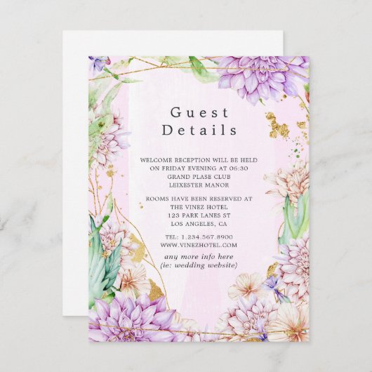 Roze & Goud Bloemen Geometrische Bruiloft Gast Det Informatiekaartje (Voorkant / Achterkant)