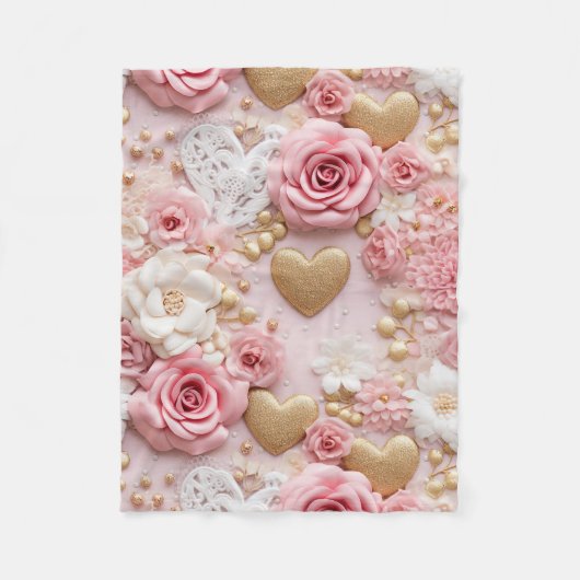 Roze Goud Bloemen Hart Fleece Deken (Voorkant)