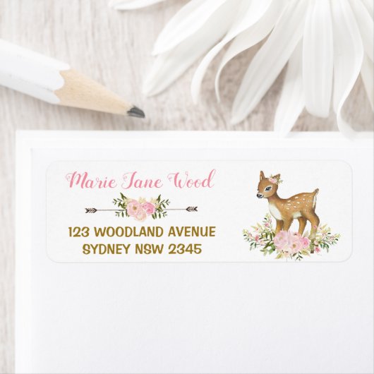 Roze Goud Bloemen Herten Baby shower Adreslabel Etiket (Insitu)