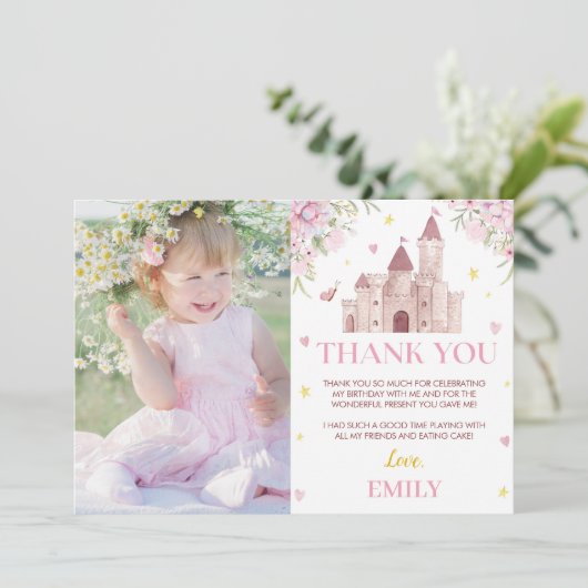 Roze Goud Bloemen Kroon Prinses Verjaardag Dank u Bedankkaart (Staand voorkant)