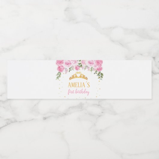Roze Goud Bloemen Kroon Prinses Verjaardag Waterfles Etiket (Enkel label)