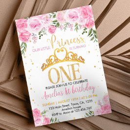 Roze Goud Bloemen Kroonprinses 1e Verjaardag Kaart