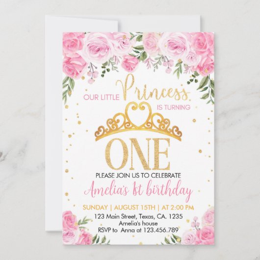 Roze Goud Bloemen Kroonprinses 1e Verjaardag Kaart (Voorkant)