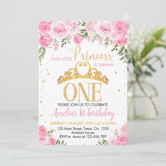 Roze Goud Bloemen Kroonprinses 1e Verjaardag Kaart (Staand voorkant)