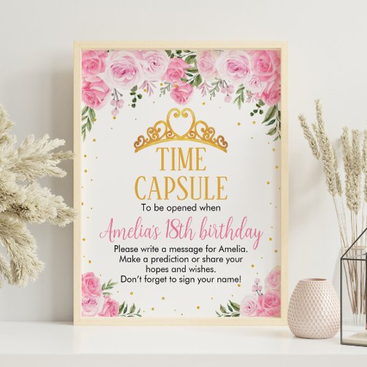 Roze Goud Bloemen Prinses Kroon Tijd Capsule Poster
