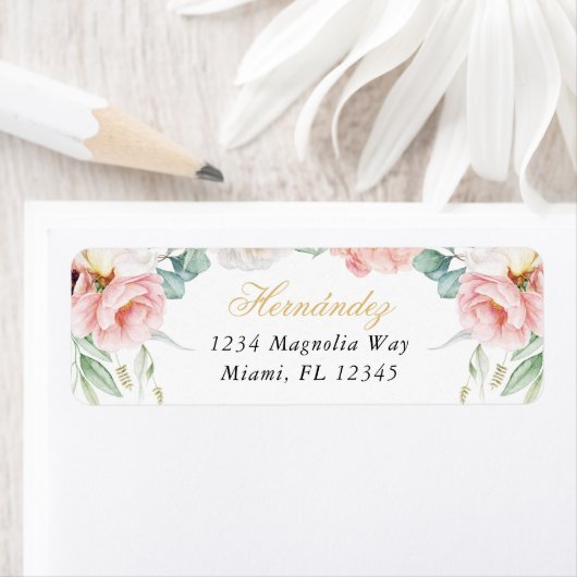 Roze & Goud Bloemen Quinceañera Retouradres Etiket (Insitu)