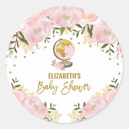 Roze Goud Bloemen Reizen Baby shower Favors Ronde Sticker (Voorkant)