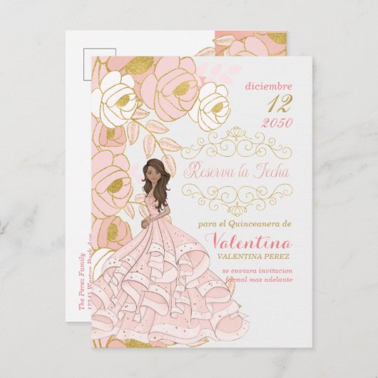 Roze Goud Bloemen Spaans Quincanera Save the Date Aankondigingskaart (Voorkant / Achterkant)