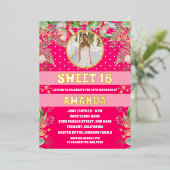 Roze Goud Bloemen Sweet 16 Party Foto Folie Uitnodiging (Staand Voorkant)