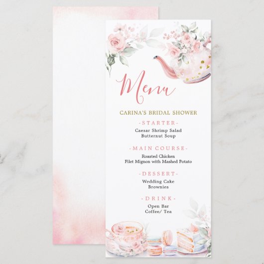 Roze Goud Bloemen Tea Party Vrijgezellenfeest Menu (Voorkant / Achterkant)