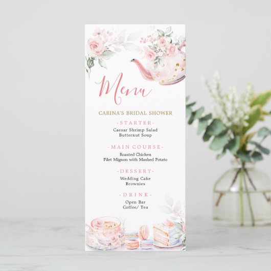 Roze Goud Bloemen Tea Party Vrijgezellenfeest Menu (Staand voorkant)