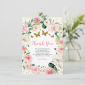 Roze Goud Bloemen Vlinder Meisje Baby shower Bedankkaart (Staand voorkant)