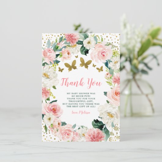 Roze Goud Bloemen Vlinder Meisje Baby shower Bedankkaart (Staand voorkant)