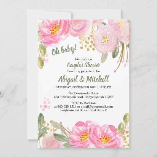 Roze Goud Bloemen Waterverf Koppels Baby shower Kaart (Voorkant)
