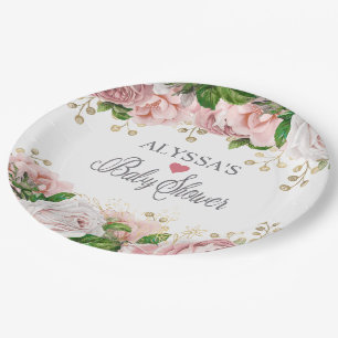 Roze Goud Bloemendesign Meisje Baby Shower   Papieren Bordje