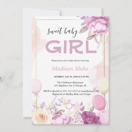 Roze goud bloemengarble baby shower kaart (Voorkant)