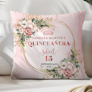 Roze Goud Bloemige Eucalyptus Quinceañera Cadeau Kussen