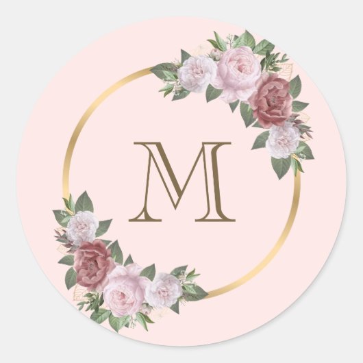 Roze Goud Bloemige Monogram Initiaal Ronde Sticker (Voorkant)