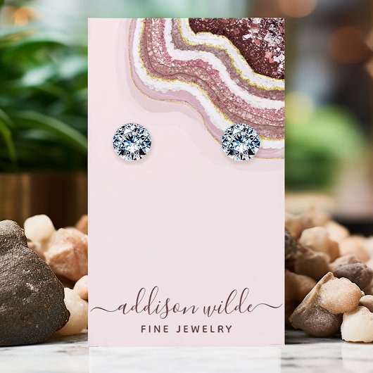 Roze Goud Blozen Agate Geode Oorbellen Displaykaar Visitekaartje