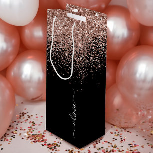 Roze Goud Blozen Roze Glitter Script Monogram Meis Wijn Cadeautas