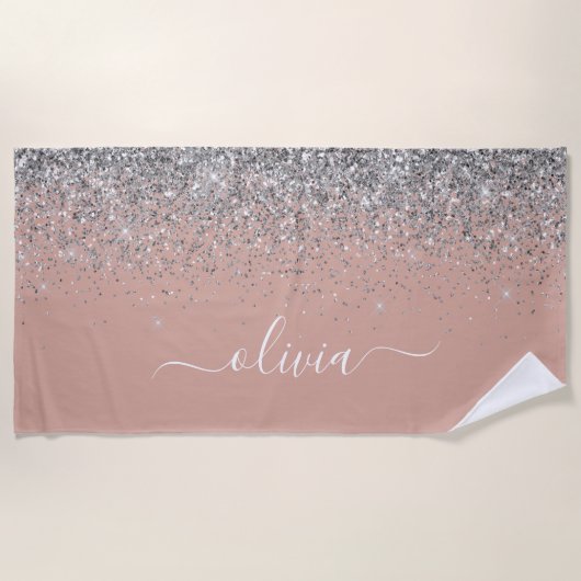 Roze Goud Blozend Roze Zilver Glitter Monogram Mei Strandlaken (Voorkant)