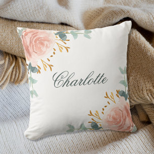 Roze goud blozende bloemen groen naam script kussen