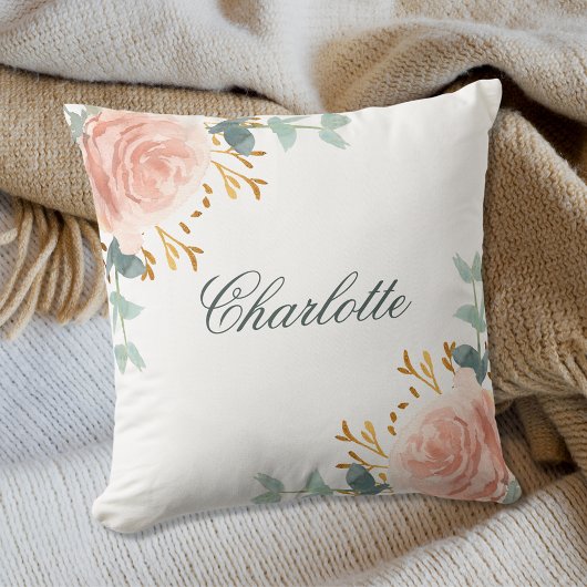 Roze goud blozende bloemen groen naam script kussen