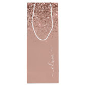 Roze Goud Blozende Roze Glitter Initialen Monogram Wijn Cadeautas (Achterkant)