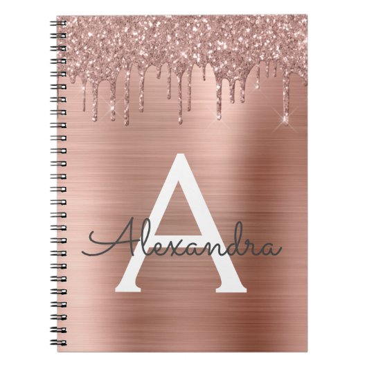 Roze Goud - Blozende Roze Glitter Metaal Monogram  Notitieboek (Voorkant)
