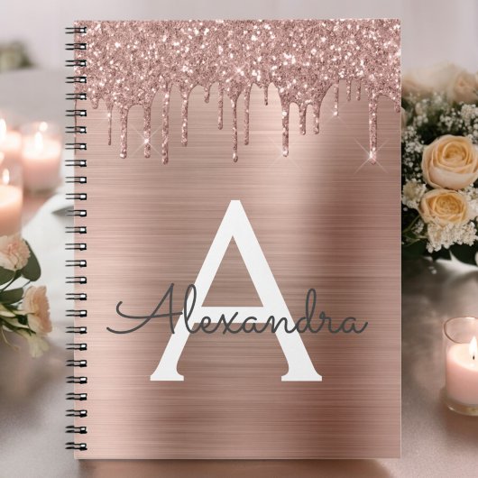 Roze Goud - Blozende Roze Glitter Metaal Monogram  Notitieboek
