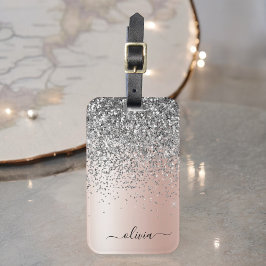 Roze Goud - Blozende Roze Zilver Glitter Monogram Bagagelabel