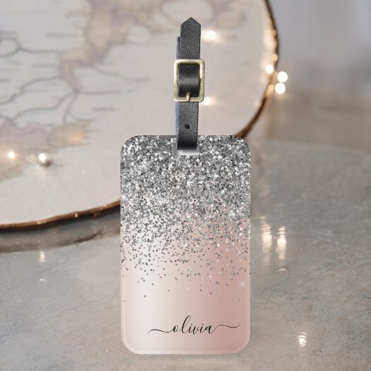 Roze Goud - Blozende Roze Zilver Glitter Monogram Bagagelabel