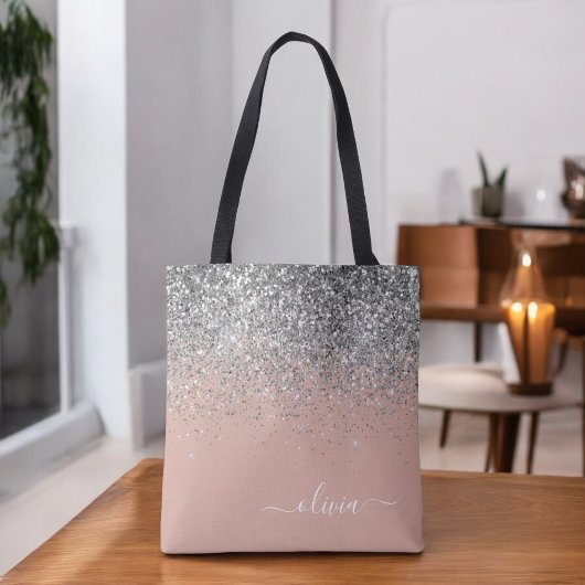 Roze Goud Blozende Roze Zilver Glitter Monogram Tote Bag