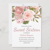Roze Goud & Blush Bloemen Sweet 16 Uitnodiging (Voorkant)