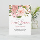 Roze Goud & Blush Bloemen Sweet 16 Uitnodiging (Staand voorkant)