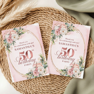 Roze Goud Blush Bloemengroen 50ste Verjaardag Bedankkaart