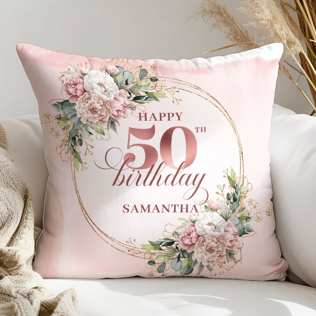 Roze Goud Blush Bloemengroen 50ste Verjaardag  Kussen (Rose Gold Blush Floral Greenery 50th Birthday Pillow Gift)