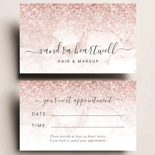 Roze Goud Blush Marmer Glitter Script Afspraak Visitekaartje
