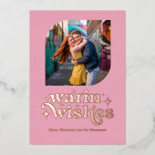 Roze Goud & Blush Moderne Retro Kerst Foto Folie Feestdagenkaart (Voorkant)