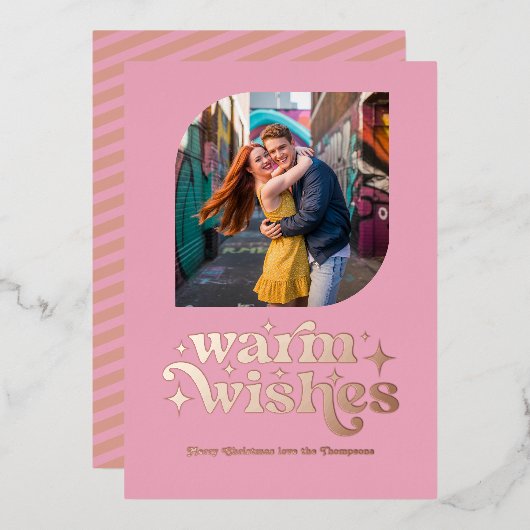 Roze Goud & Blush Moderne Retro Kerst Foto Folie Feestdagenkaart (Voorkant / Achterkant)