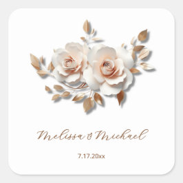 Roze Goud Blush Roze 3D Rozen Jouw Namen Trouwen Vierkante Sticker