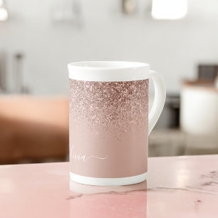 Roze Goud Blush Roze Glitter Meisjesachtige Monogr Porselein Kop