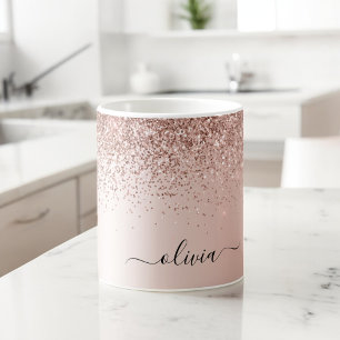 Roze Goud - Blush Roze Glitter Metaal Monogram Naa Grote Koffiekop