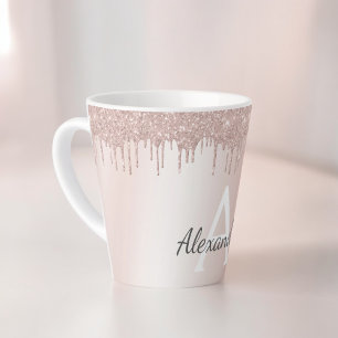 Roze Goud - Blush Roze Glitter Metaal Monogram Naa Latte Mok