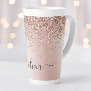 Roze Goud - Blush Roze Glitter Metaal Monogram Naa Latte Mok