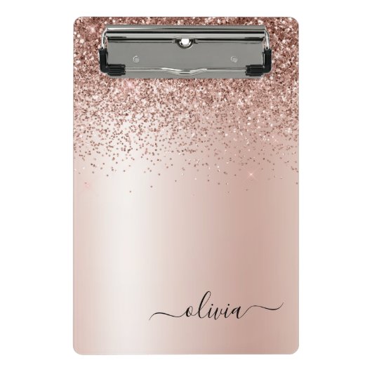 Roze Goud - Blush Roze Glitter Metaal Monogram Naa Mini Klembord (Voorkant)