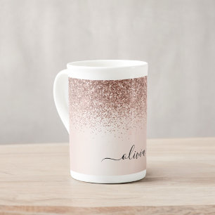 Roze Goud - Blush Roze Glitter Metaal Monogram Naa Porselein Kop